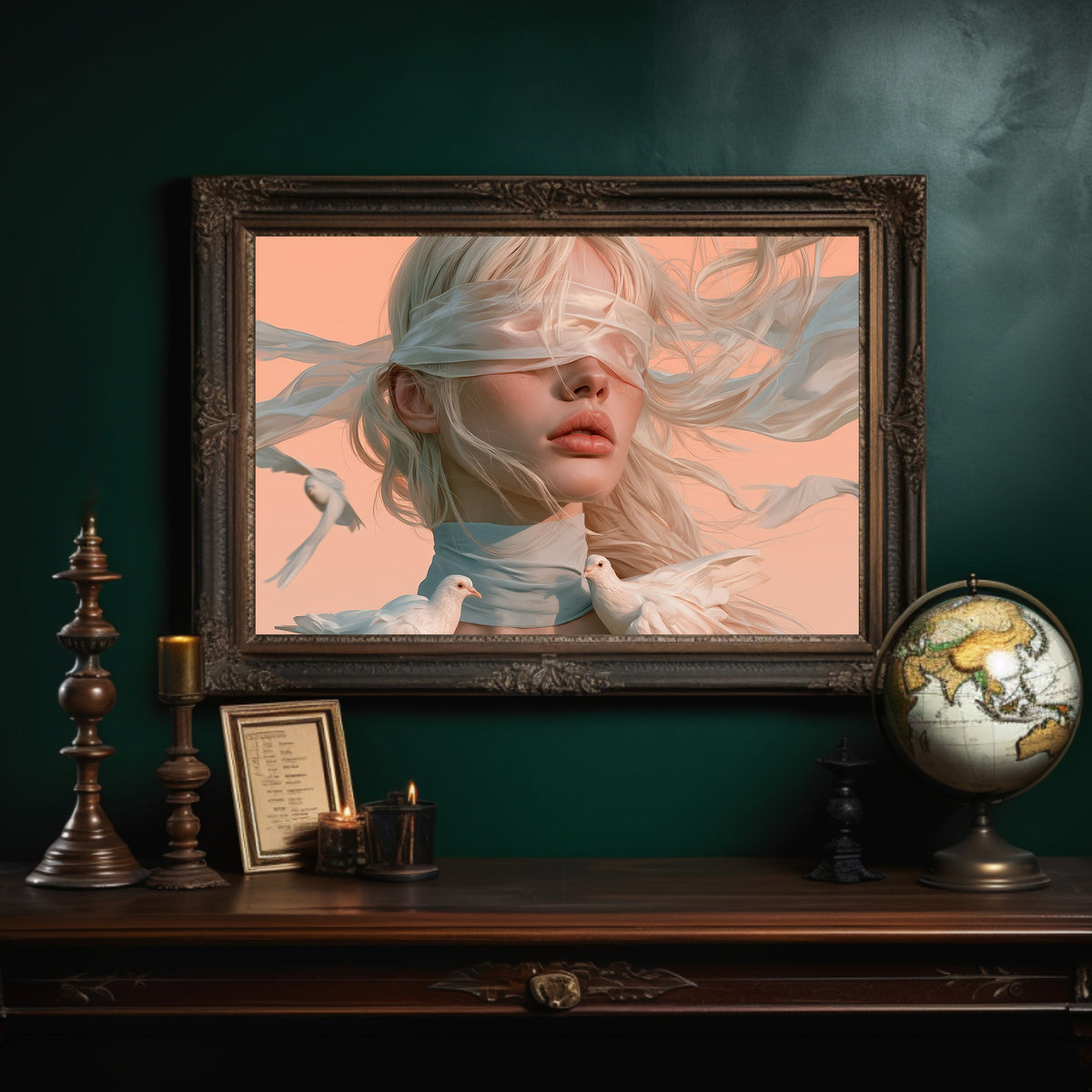 Hush of Silk and Sky, a veiled woman with a white silk scarf over her eyes and a dove at her shoulder, painted in peach, dusty blue and cream, in an ornate dark frame on a deep green wall above a mantel with a globe and candles