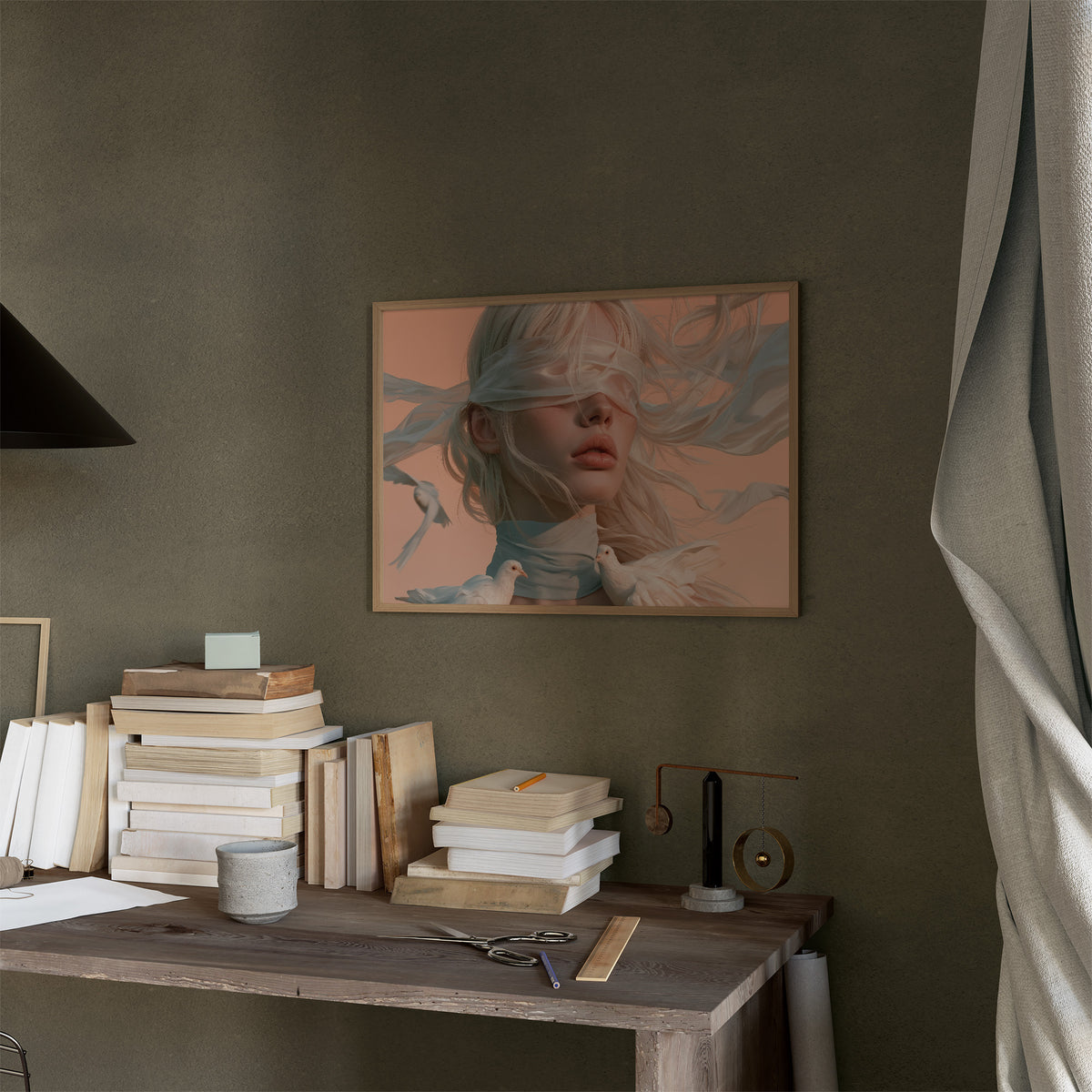 Hush of Silk and Sky, a veiled woman with a white silk scarf over her eyes and a dove at her shoulder, painted in peach, dusty blue and cream, in a thin wood frame on a moss green wall above a desk stacked with books