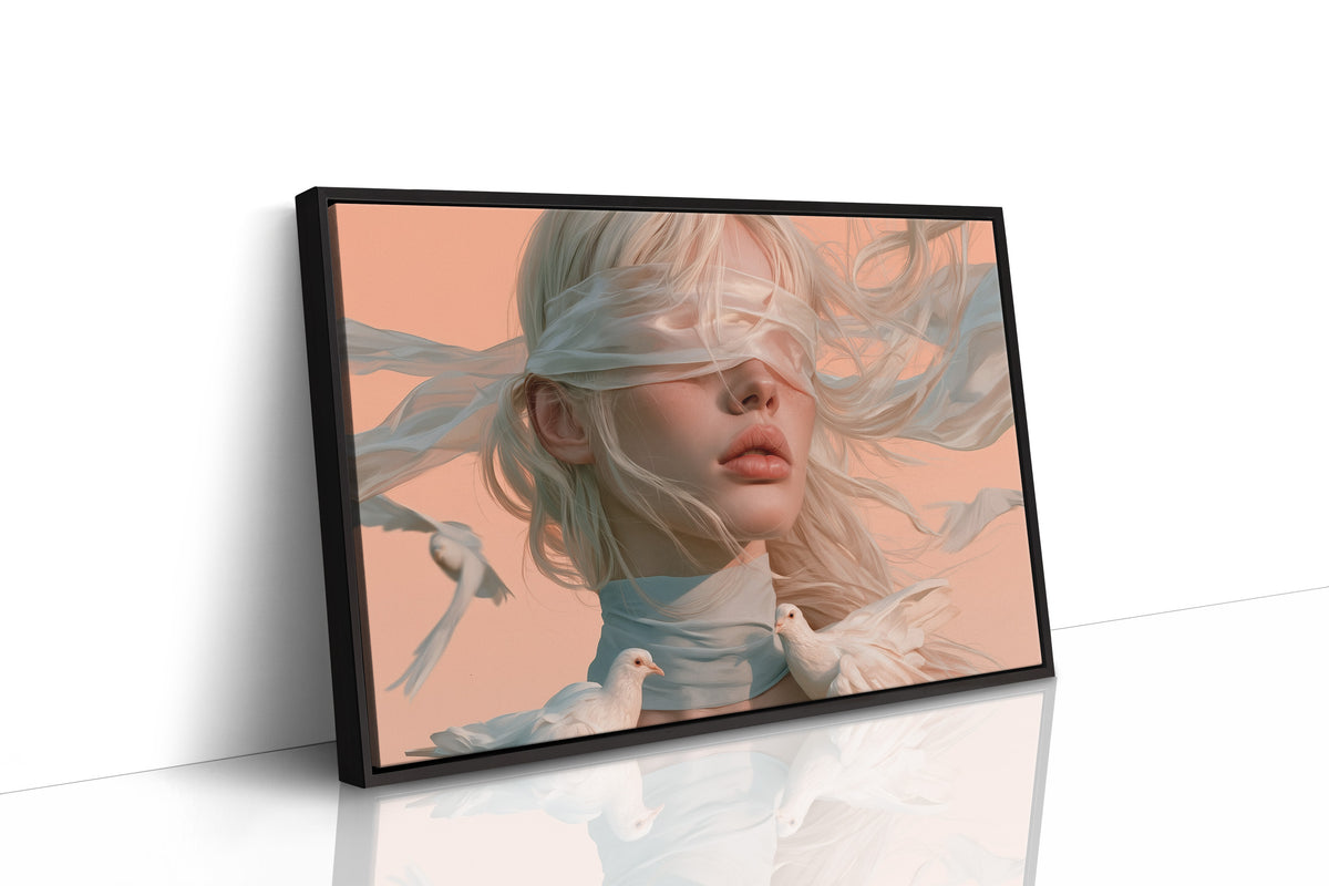 Hush of Silk and Sky, a veiled woman with a white silk scarf over her eyes and a dove at her shoulder, painted in peach, dusty blue and cream, as a framed canvas in a black frame