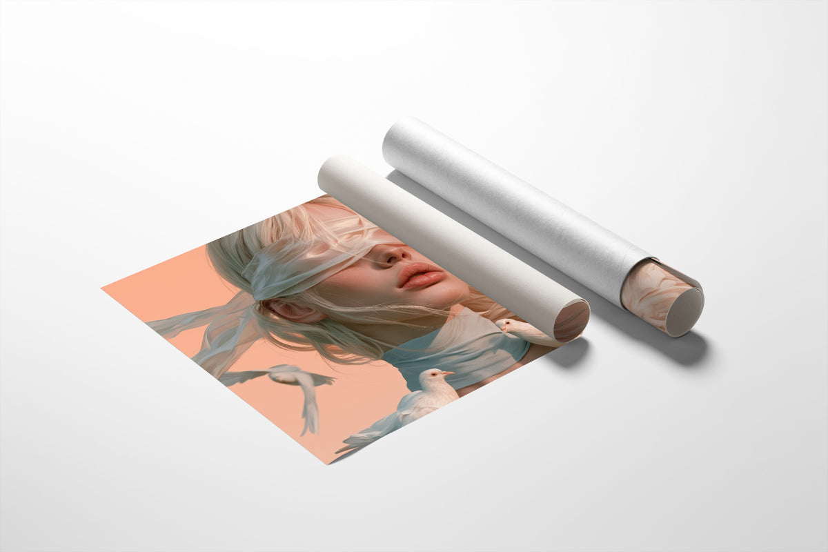 Hush of Silk and Sky, a veiled woman with a white silk scarf over her eyes and a dove at her shoulder, painted in peach, dusty blue and cream, as a matte poster, unframed
