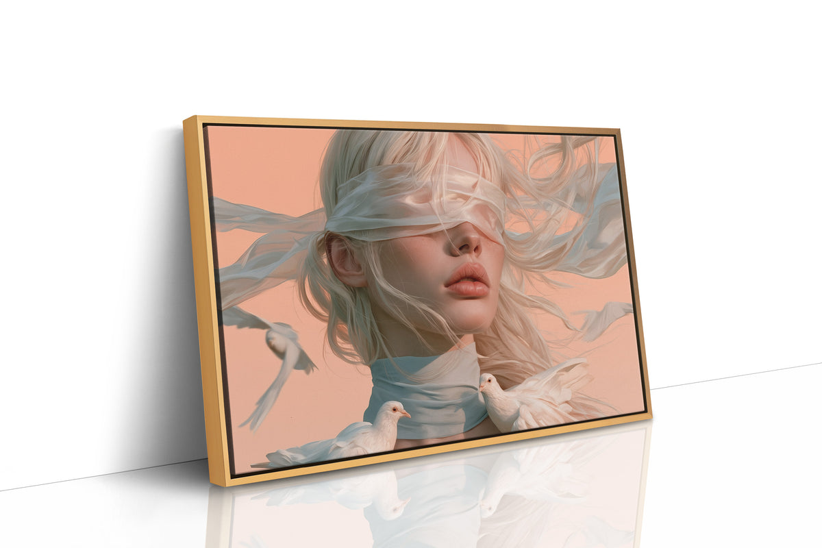 Hush of Silk and Sky, a veiled woman with a white silk scarf over her eyes and a dove at her shoulder, painted in peach, dusty blue and cream, as a framed canvas in a natural wood frame