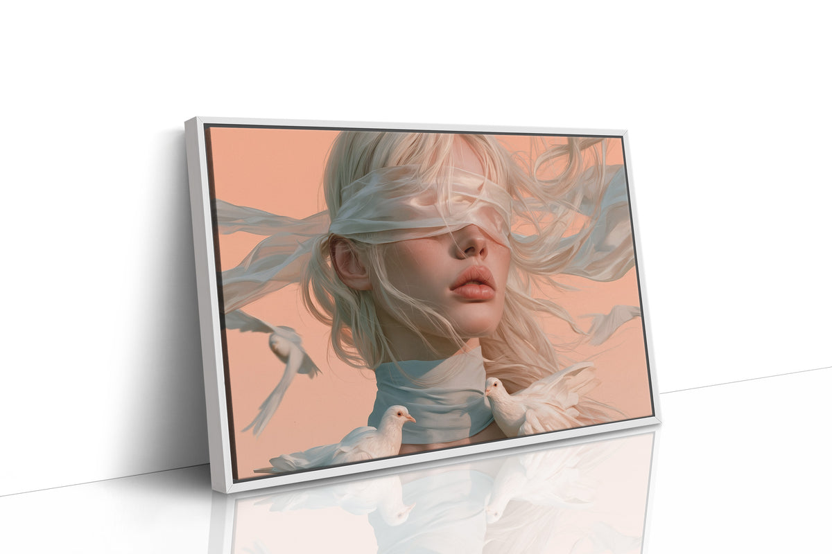 Hush of Silk and Sky, a veiled woman with a white silk scarf over her eyes and a dove at her shoulder, painted in peach, dusty blue and cream, as a framed canvas in a white frame