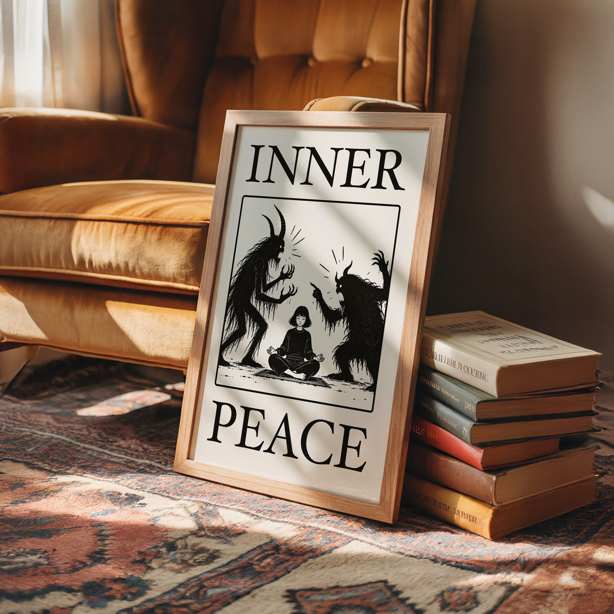 Inner Peace Has Company, two horned shadow figures in black flanking a small seated figure meditating at the base, cream ground in a black serif frame, with INNER above and PEACE below, in a wood frame on a rug beside a leather armchair and a stack of books