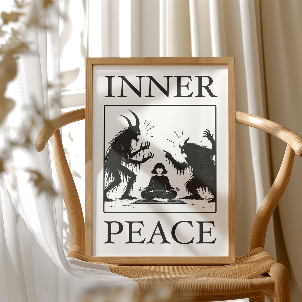 Inner Peace Has Company, two horned shadow figures in black flanking a small seated figure meditating at the base, cream ground in a black serif frame, with INNER above and PEACE below, in a wood frame beside a wicker chair by a sunny window