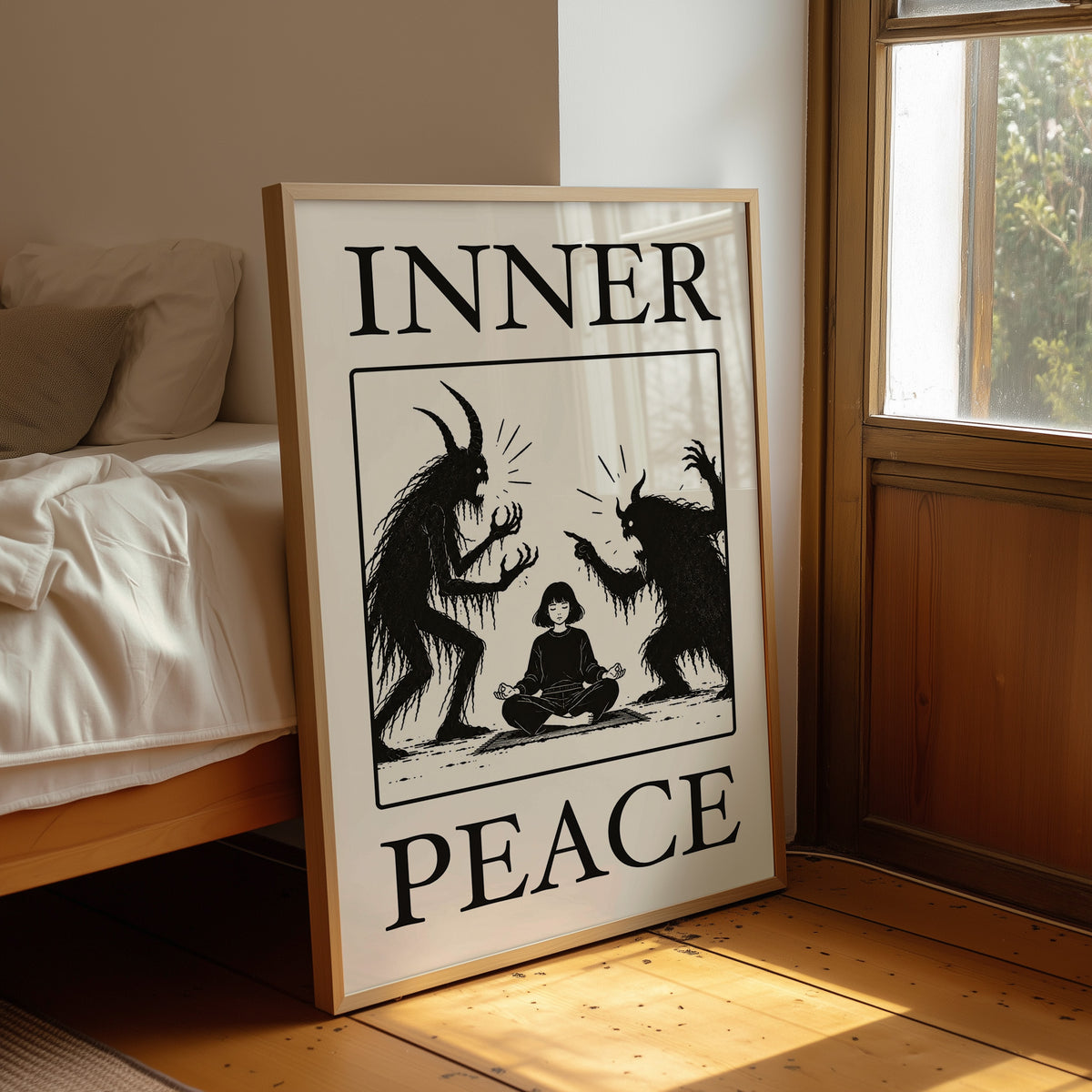 Inner Peace Has Company, two horned shadow figures in black flanking a small seated figure meditating at the base, cream ground in a black serif frame, with INNER above and PEACE below, leaning on a wood floor in a bedroom beside white linen bedding