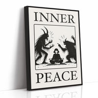 Inner Peace Has Company, two horned shadow figures in black flanking a small seated figure meditating at the base, cream ground in a black serif frame, with INNER above and PEACE below, as a framed canvas in a black frame