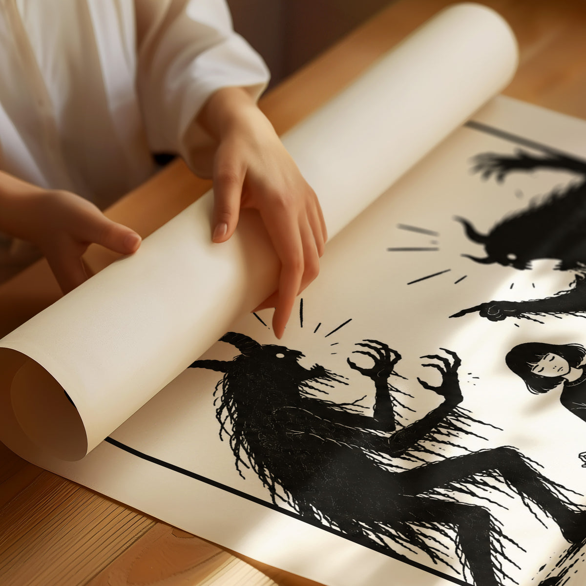Inner Peace Has Company, two horned shadow figures in black flanking a small seated figure meditating at the base, cream ground in a black serif frame, with INNER above and PEACE below, as a matte poster, unframed
