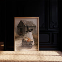 Just Passing Through, Boo, a ghost in a witch hat pushing a wheelbarrow of pumpkins past a weathered shed, painted in straw, gray and pale white, on a black paneled wall with sunlit herringbone floor