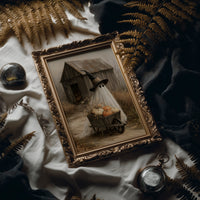 Just Passing Through, Boo, a ghost in a witch hat pushing a wheelbarrow of pumpkins past a weathered shed, painted in straw, gray and pale white, in an antique gold frame laid on white linen with ferns and a pocket watch