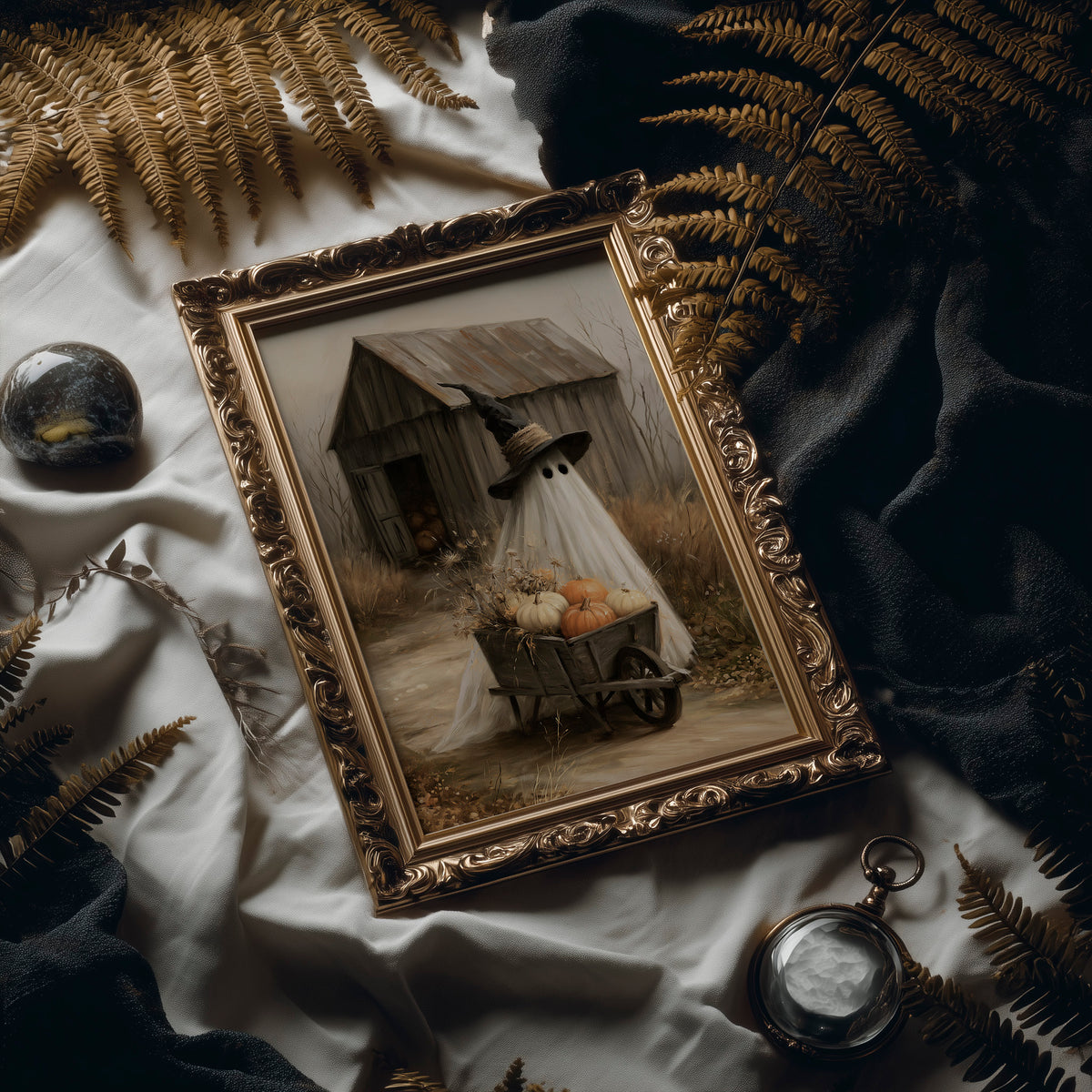 Just Passing Through, Boo, a ghost in a witch hat pushing a wheelbarrow of pumpkins past a weathered shed, painted in straw, gray and pale white, in an antique gold frame laid on white linen with ferns and a pocket watch