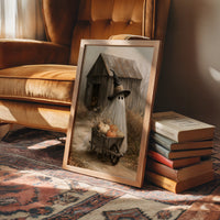 Just Passing Through, Boo, a ghost in a witch hat pushing a wheelbarrow of pumpkins past a weathered shed, painted in straw, gray and pale white, in a wood frame beside a leather armchair and a stack of books