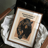 Keep a Respectful Distance, a large black bear with amber and brown fur, head low and shoulders bunched, set on a tan ground under bold black lettering that reads PLEASE RESPECT THE WILDLIFE in a vintage warning sign style, in a wood frame on a black leather armchair beside crumpled white tissue