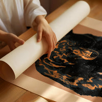 Keep a Respectful Distance, a large black bear with amber and brown fur, head low and shoulders bunched, set on a tan ground under bold black lettering that reads PLEASE RESPECT THE WILDLIFE in a vintage warning sign style, as a matte poster, unframed