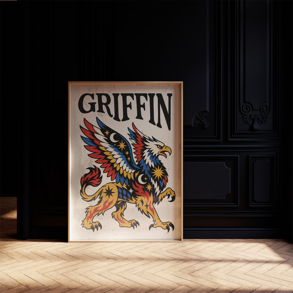 Keeper of the Gilded Gate, a winged lion guardian with a golden body, red and blue feathers and a black lettered name across the top, in a bold flash sheet style on cream parchment, in a dark frame on a black paneled wall above a sunlit herringbone floor