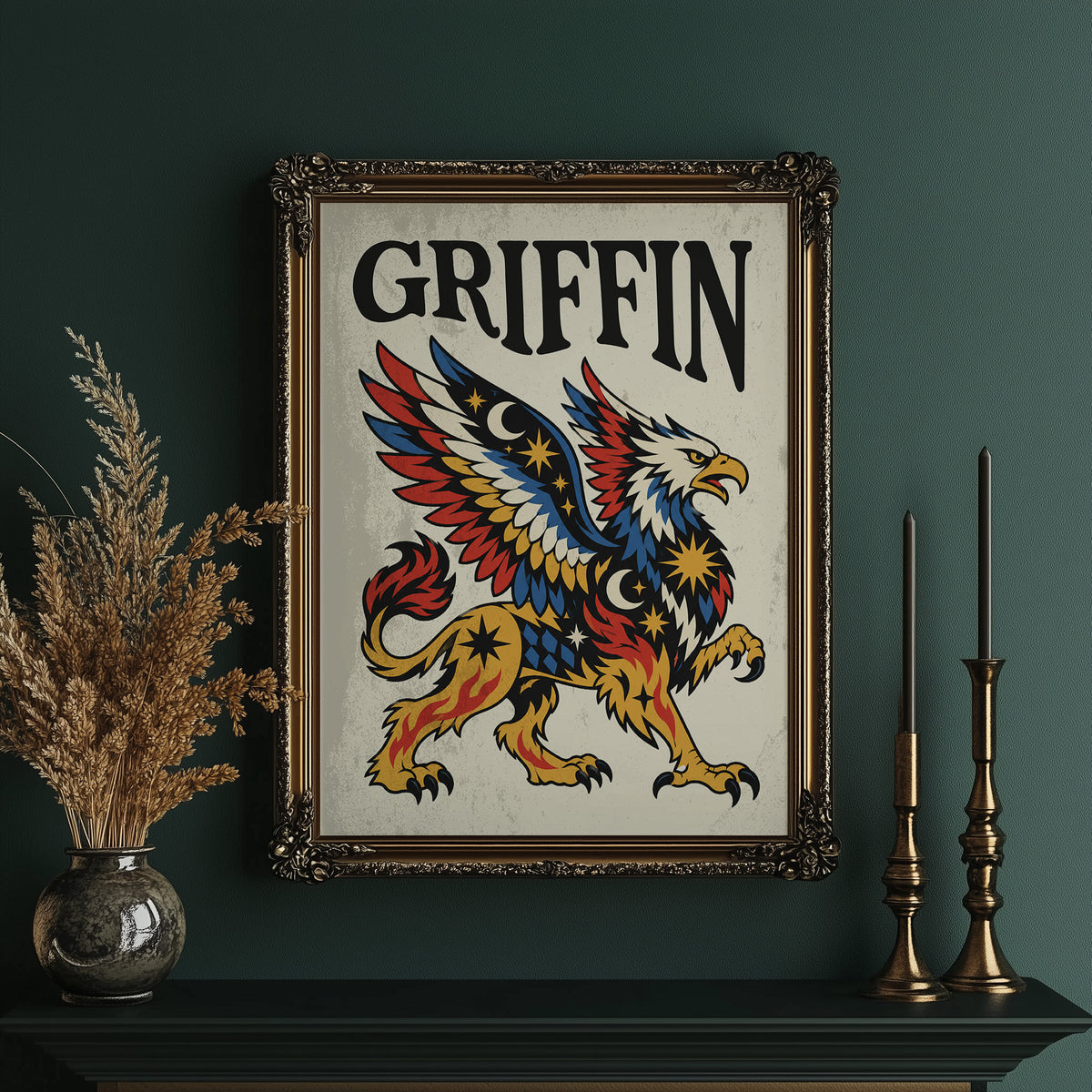 Keeper of the Gilded Gate, a winged lion guardian with a golden body, red and blue feathers and a black lettered name across the top, in a bold flash sheet style on cream parchment, in an ornate gold frame on a deep green wall beside tall brass candlesticks