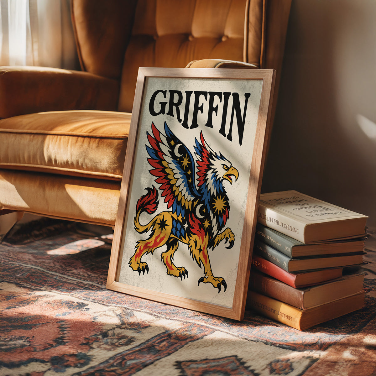 Keeper of the Gilded Gate, a winged lion guardian with a golden body, red and blue feathers and a black lettered name across the top, in a bold flash sheet style on cream parchment, in a wood frame on a leather armchair beside a stack of books