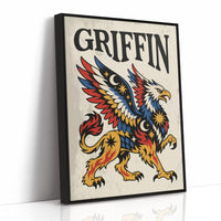 Keeper of the Gilded Gate, a winged lion guardian with a golden body, red and blue feathers and a black lettered name across the top, in a bold flash sheet style on cream parchment, as a framed canvas in a black frame