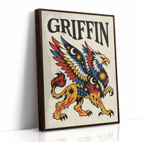 Keeper of the Gilded Gate, a winged lion guardian with a golden body, red and blue feathers and a black lettered name across the top, in a bold flash sheet style on cream parchment, as a framed canvas in a brown frame