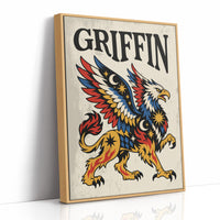 Keeper of the Gilded Gate, a winged lion guardian with a golden body, red and blue feathers and a black lettered name across the top, in a bold flash sheet style on cream parchment, as a framed canvas in a natural wood frame