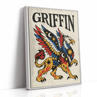 Keeper of the Gilded Gate, a winged lion guardian with a golden body, red and blue feathers and a black lettered name across the top, in a bold flash sheet style on cream parchment, as a framed canvas in a white frame