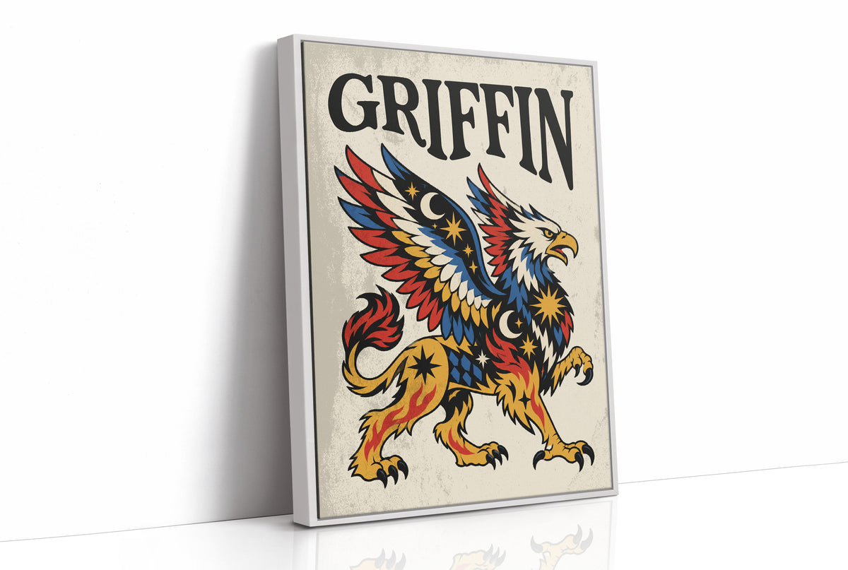 Keeper of the Gilded Gate, a winged lion guardian with a golden body, red and blue feathers and a black lettered name across the top, in a bold flash sheet style on cream parchment, as a framed canvas in a white frame
