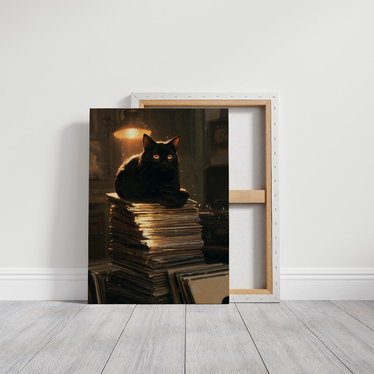 Keeper of the Reading Stack, a black cat resting on a tall stack of old books under a warm lamp glow, dark shadowy room, umber and gold palette, on a gallery canvas with wrapped edges leaning against a white wall