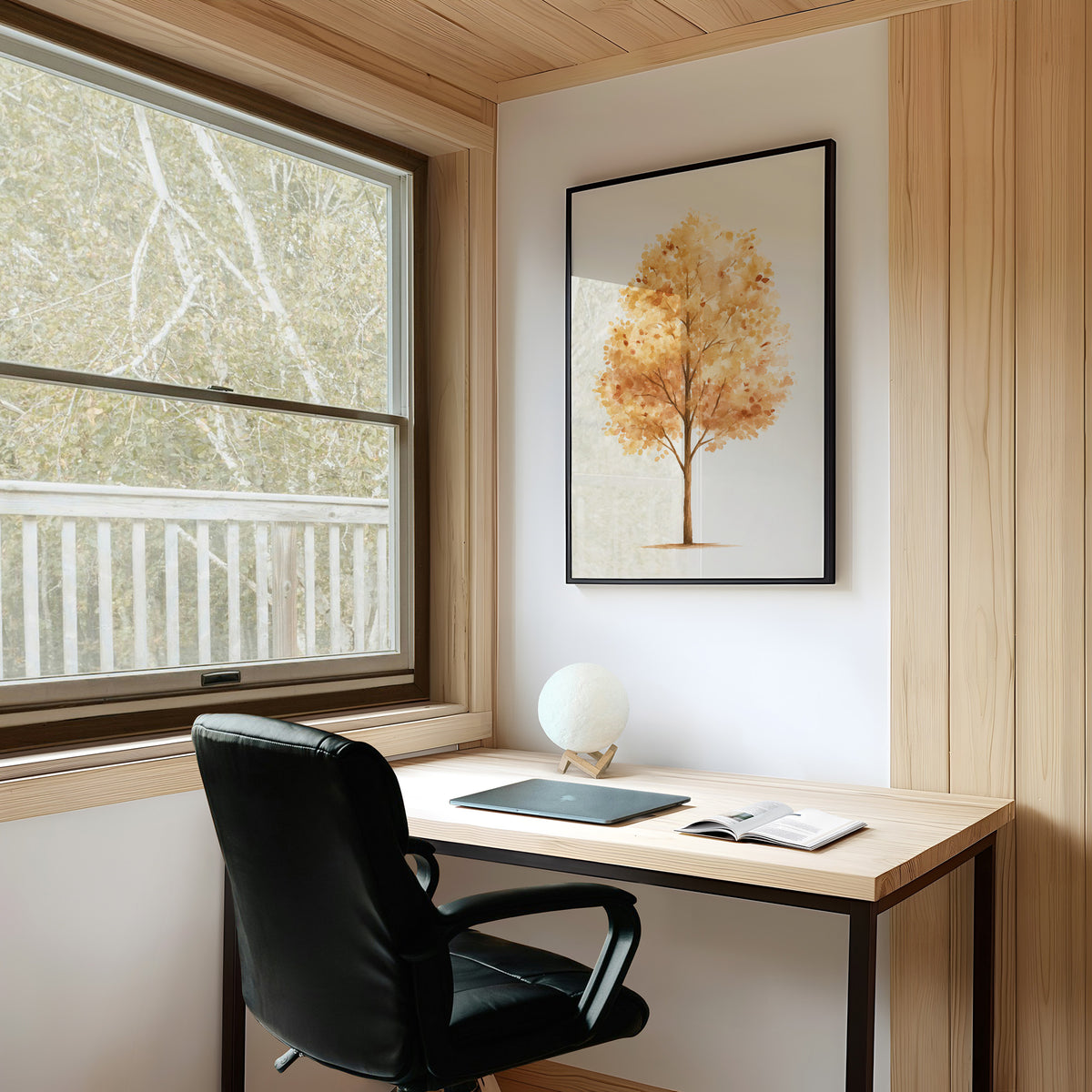 Keeping Its Warmth a Little Longer, a single watercolor tree in amber and rust with a soft brown trunk on a cream ground, the leaves painted in loose soft strokes, on a study wall above a writing desk and a black desk chair
