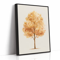 Keeping Its Warmth a Little Longer, a single watercolor tree in amber and rust with a soft brown trunk on a cream ground, the leaves painted in loose soft strokes, as a framed canvas in a black frame