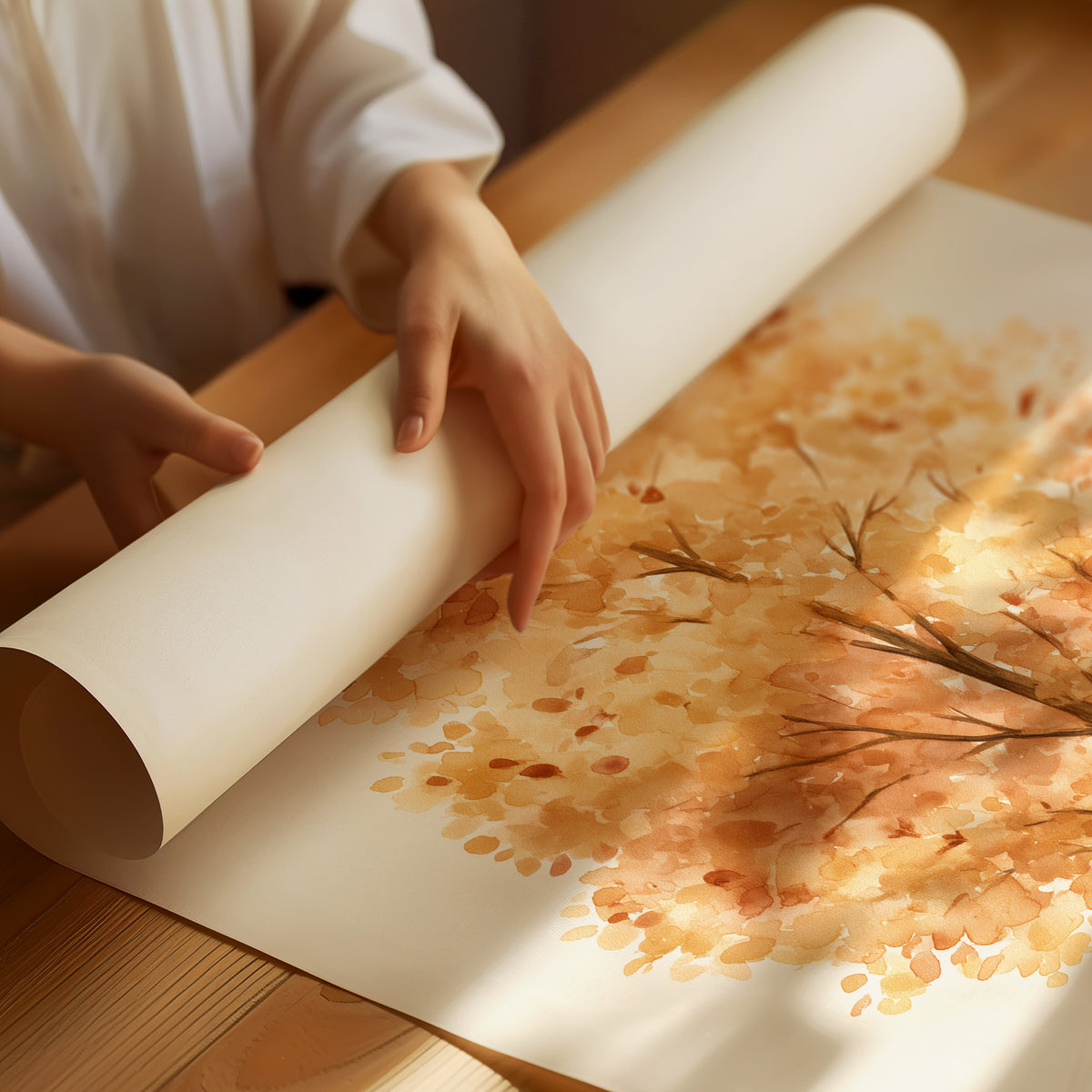 Keeping Its Warmth a Little Longer, a single watercolor tree in amber and rust with a soft brown trunk on a cream ground, the leaves painted in loose soft strokes, as a matte poster, unframed