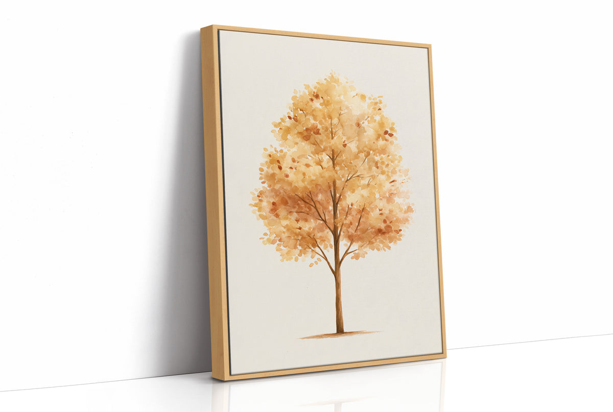 Keeping Its Warmth a Little Longer, a single watercolor tree in amber and rust with a soft brown trunk on a cream ground, the leaves painted in loose soft strokes, as a framed canvas in a natural wood frame