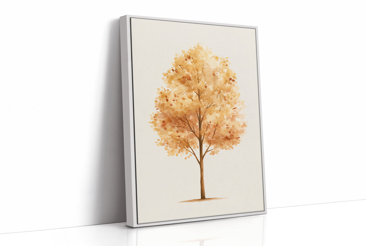 Keeping Its Warmth a Little Longer, a single watercolor tree in amber and rust with a soft brown trunk on a cream ground, the leaves painted in loose soft strokes, as a framed canvas in a white frame