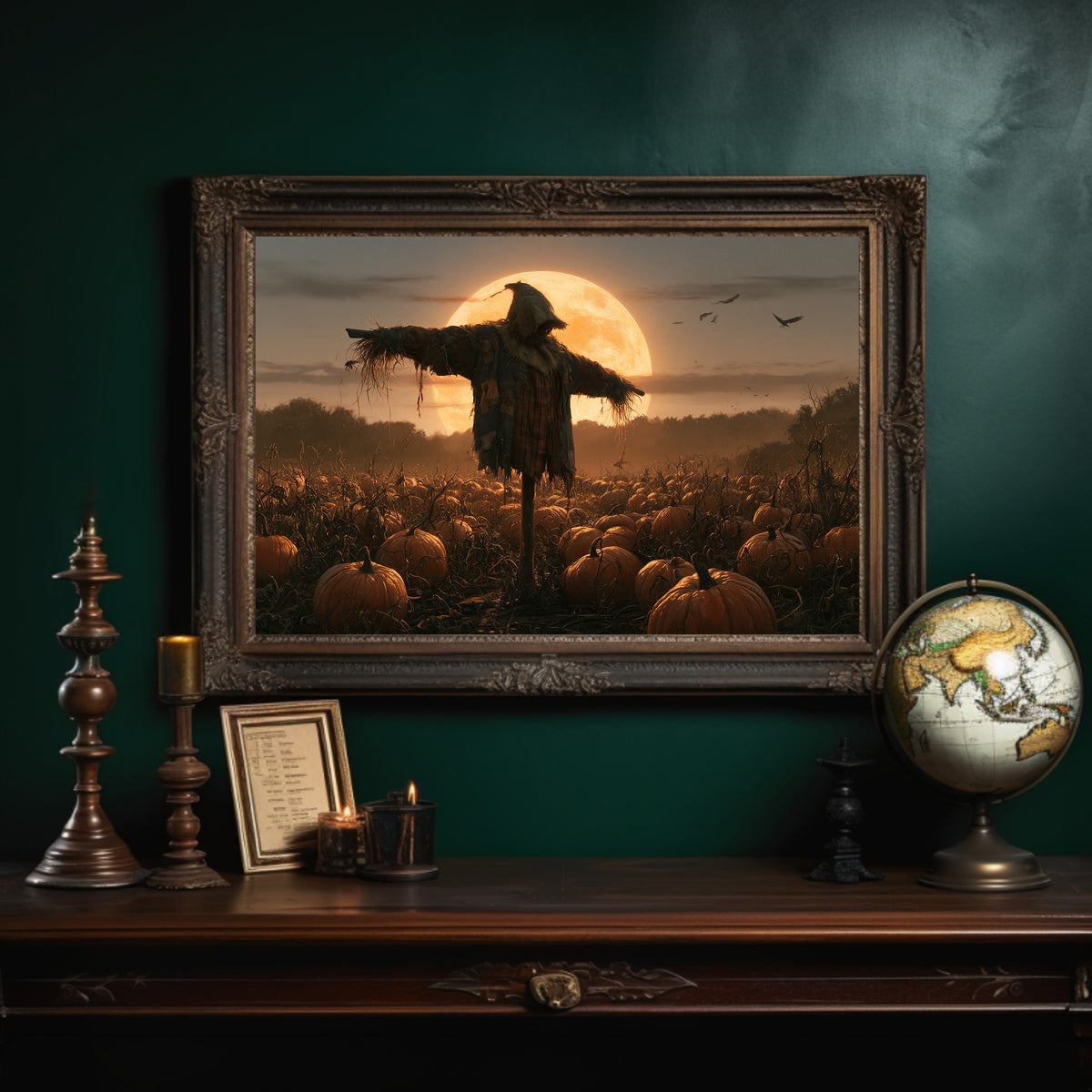 Keeping Watch Above the Pumpkins, a scarecrow standing in a pumpkin field beneath a huge rising moon, painted in deep amber and burnt orange, in an ornate dark frame on a deep green wall above a mantel with a globe and candles