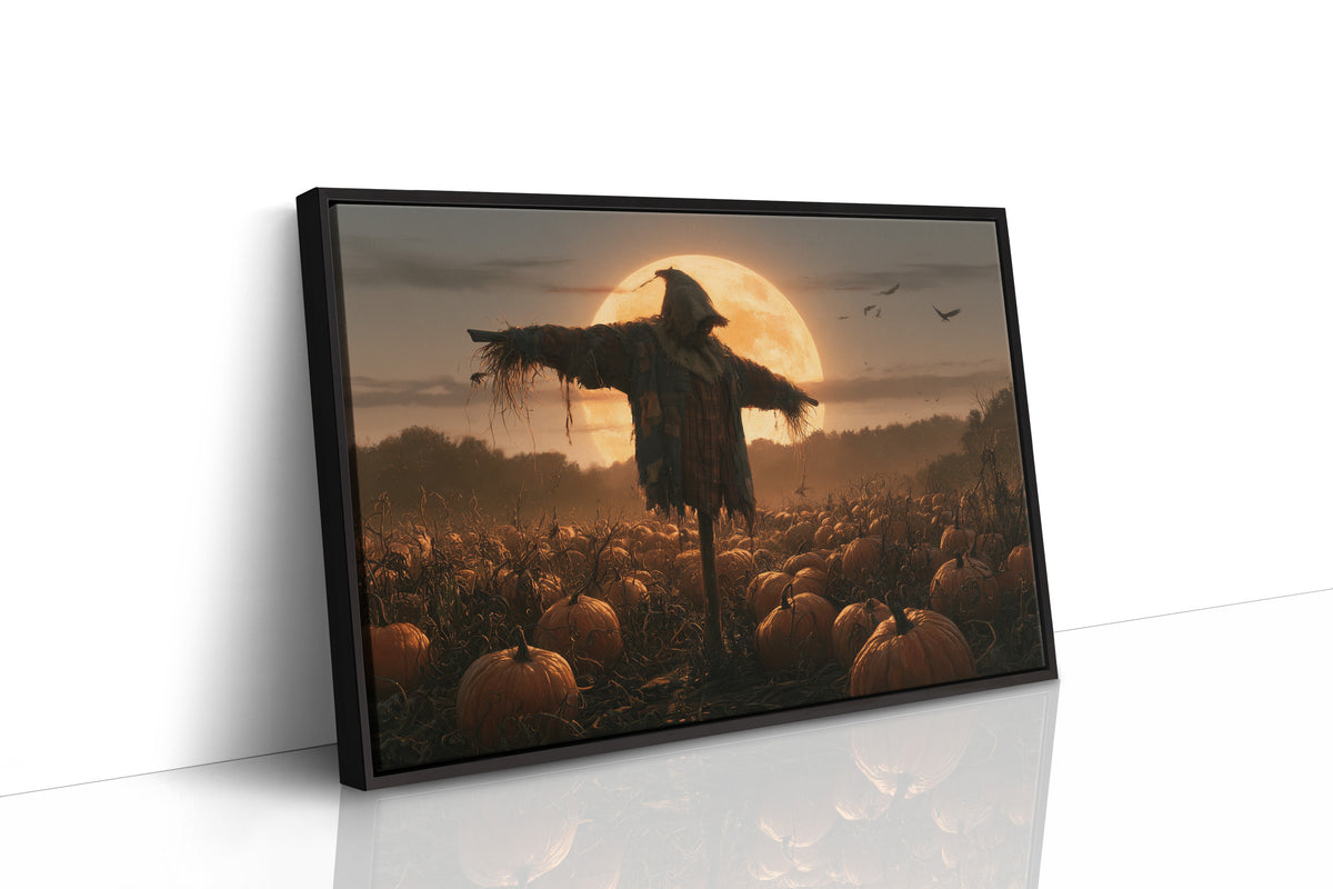 Keeping Watch Above the Pumpkins, a scarecrow standing in a pumpkin field beneath a huge rising moon, painted in deep amber and burnt orange, as a framed canvas in a black frame