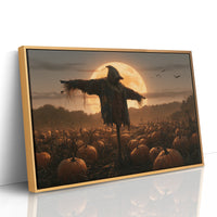 Keeping Watch Above the Pumpkins, a scarecrow standing in a pumpkin field beneath a huge rising moon, painted in deep amber and burnt orange, as a framed canvas in a natural wood frame