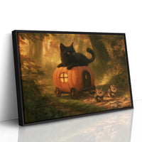 Lamplight at the Pumpkin Cottage, a black cat sitting by a small glowing pumpkin house in a wood with mushrooms and a warm lit window, painted in tangerine, forest green and charcoal, as a framed canvas in a black frame
