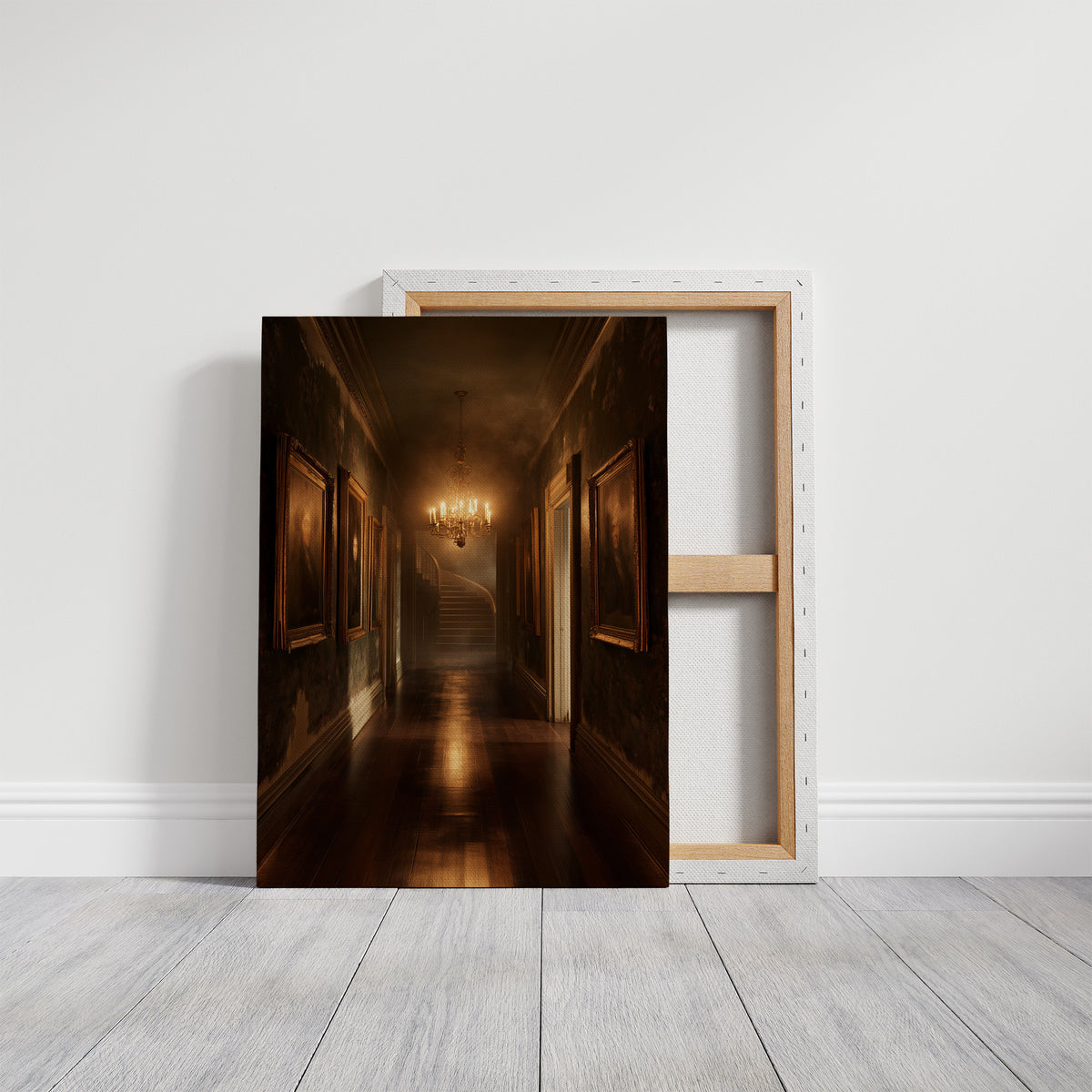 Lamps Left Burning in the Hall, a long dim corridor with carved doors and a glowing chandelier at the far end, painted in umber, amber and deep shadow, on a gallery canvas with wrapped edges leaning against a white wall