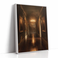 Lamps Left Burning in the Hall, a long dim corridor with carved doors and a glowing chandelier at the far end, painted in umber, amber and deep shadow, as a framed canvas in a white frame