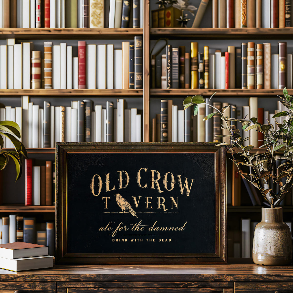 Last Call for the Restless, a black tavern sign lettered in gold with a perched golden bird, painted in black, oxblood and antique gold, in a wood frame on a bookshelf wall beside a vase of olive branches