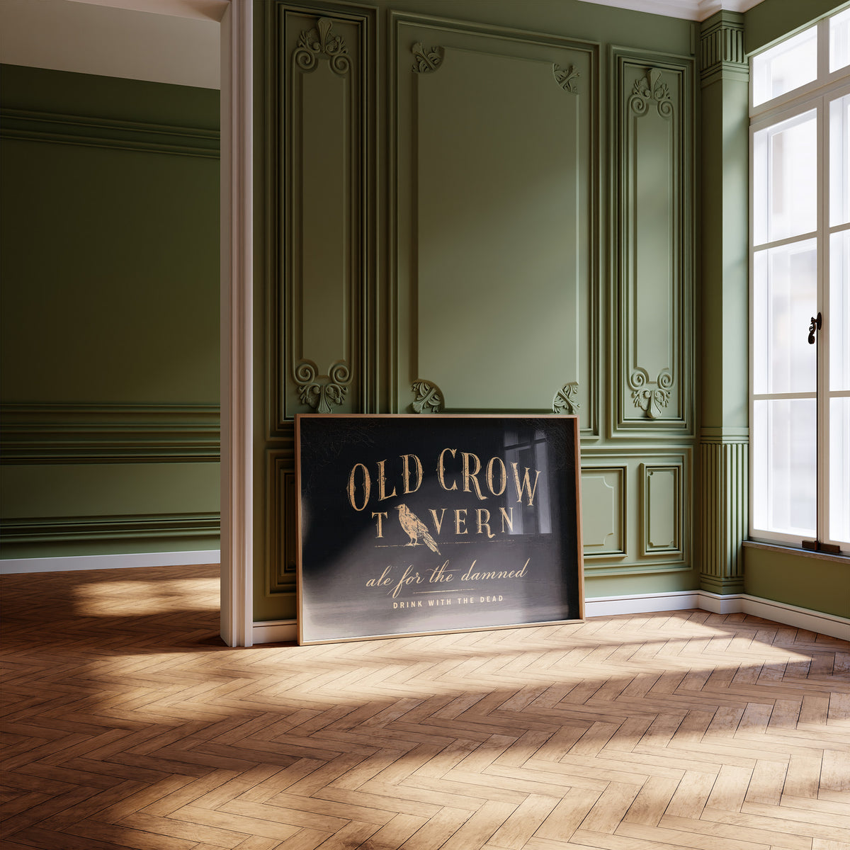 Last Call for the Restless, a black tavern sign lettered in gold with a perched golden bird, painted in black, oxblood and antique gold, leaning on a herringbone floor in a green paneled room with tall windows