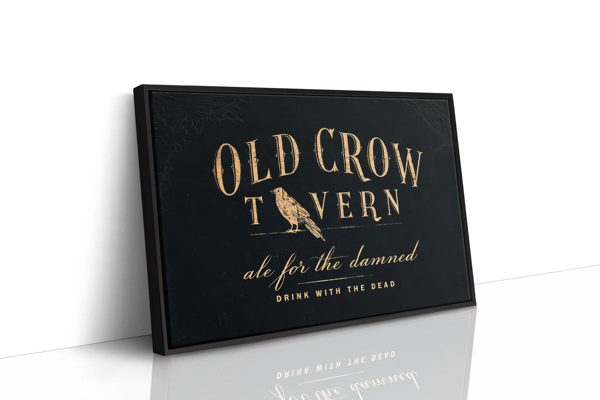 Last Call for the Restless, a black tavern sign lettered in gold with a perched golden bird, painted in black, oxblood and antique gold, as a framed canvas in a black frame