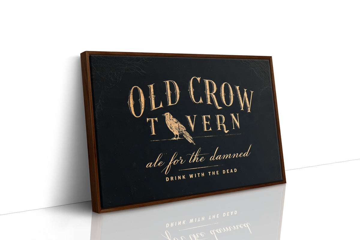 Last Call for the Restless, a black tavern sign lettered in gold with a perched golden bird, painted in black, oxblood and antique gold, as a framed canvas in a brown frame