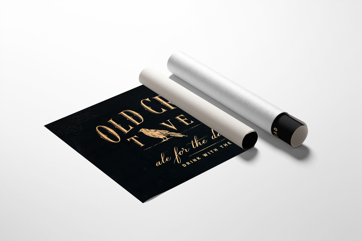 Last Call for the Restless, a black tavern sign lettered in gold with a perched golden bird, painted in black, oxblood and antique gold, as a matte poster, unframed