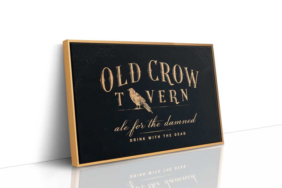 Last Call for the Restless, a black tavern sign lettered in gold with a perched golden bird, painted in black, oxblood and antique gold, as a framed canvas in a natural wood frame