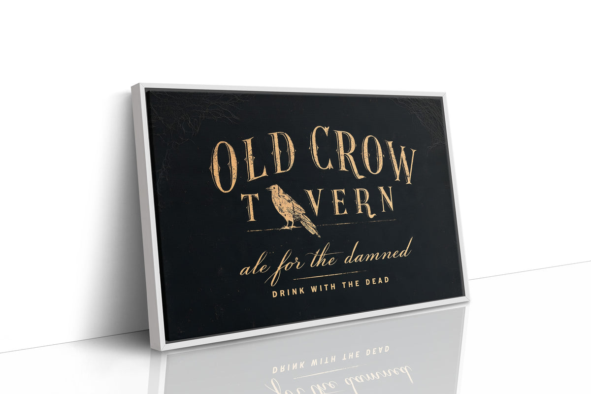 Last Call for the Restless, a black tavern sign lettered in gold with a perched golden bird, painted in black, oxblood and antique gold, as a framed canvas in a white frame