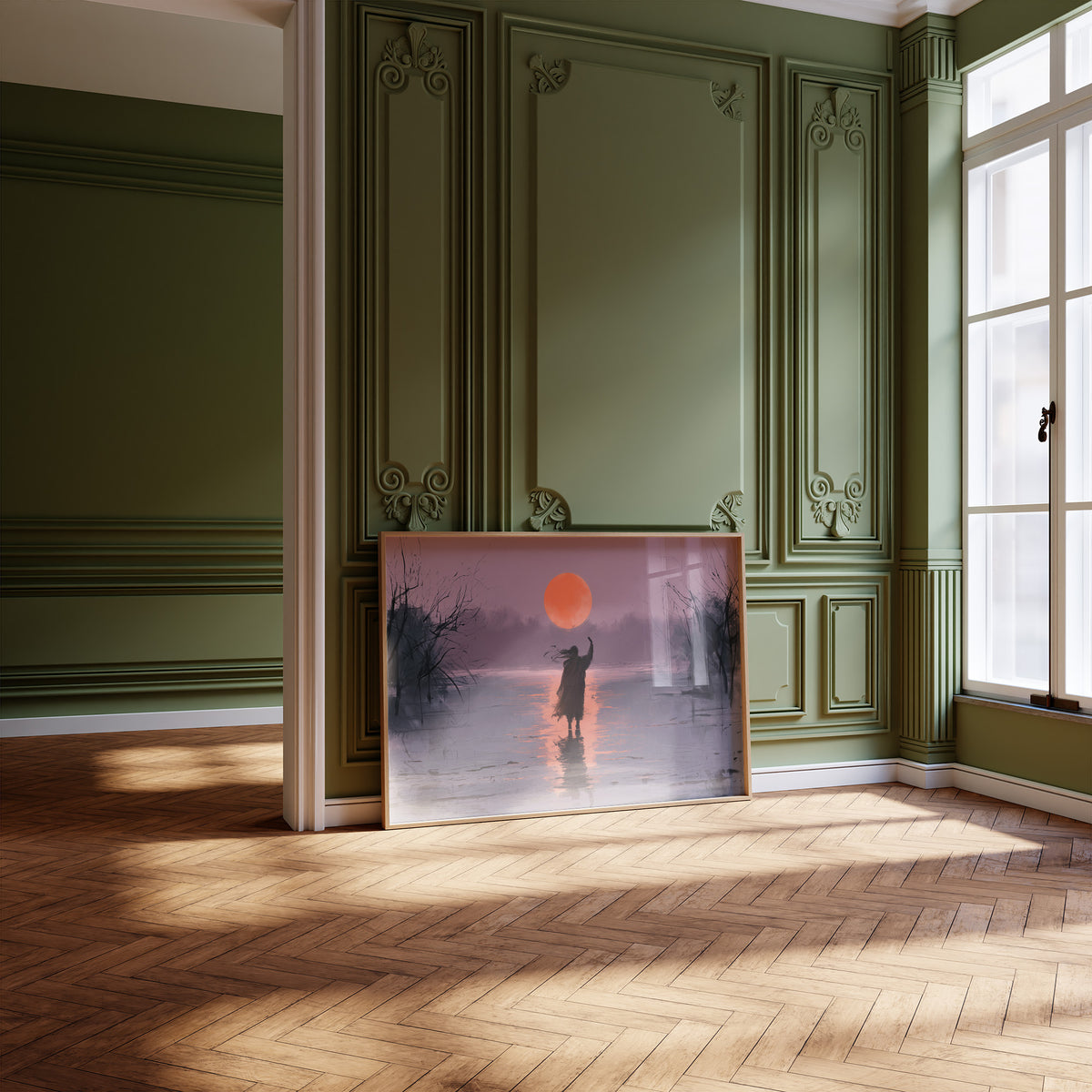 Last Light on the Still Water, orange sun over violet water with a lone figure and reeds painting, leaning on a herringbone floor in a green paneled room with tall windows