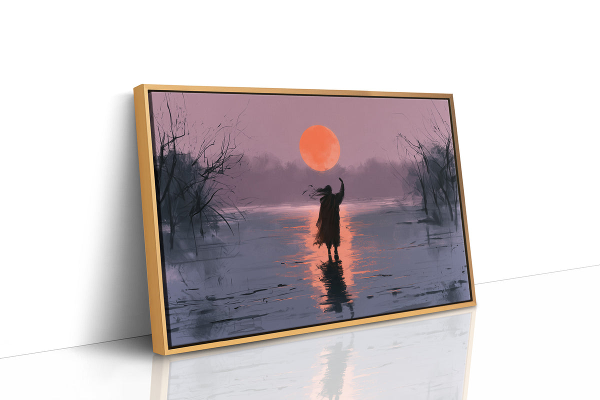 Last Light on the Still Water, orange sun over violet water with a lone figure and reeds painting, as a framed canvas in a natural wood frame