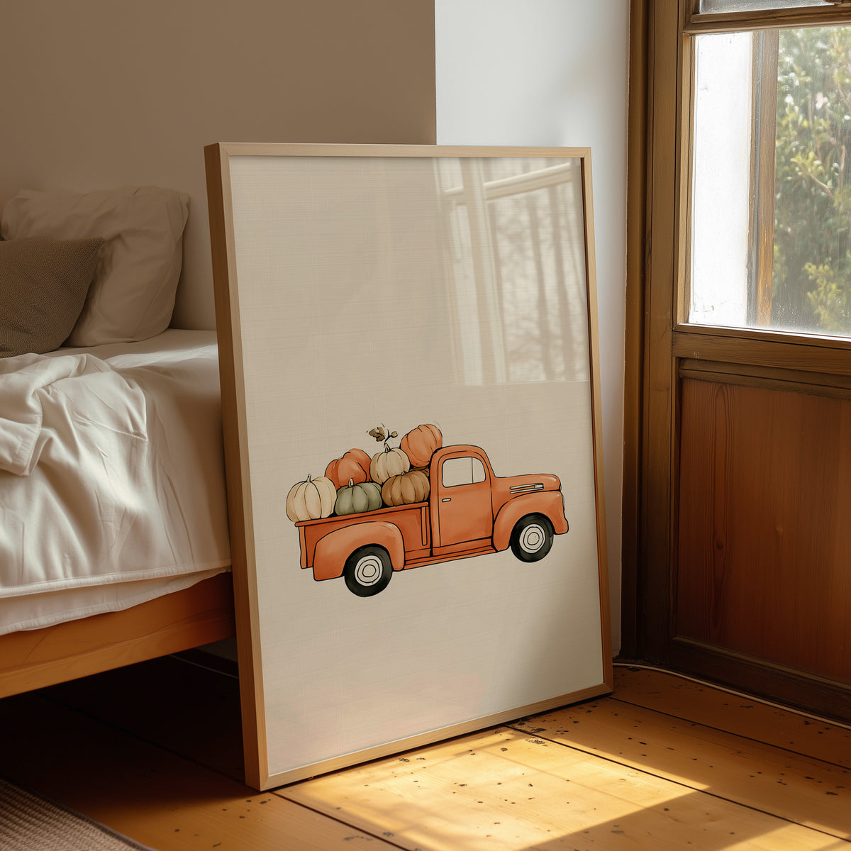 Last Load Up the Orchard Road, a small orange vintage pickup truck loaded with pumpkins and gourds on a cream ground, painted in soft watercolor, leaning on a wood floor in a bedroom beside white linen bedding