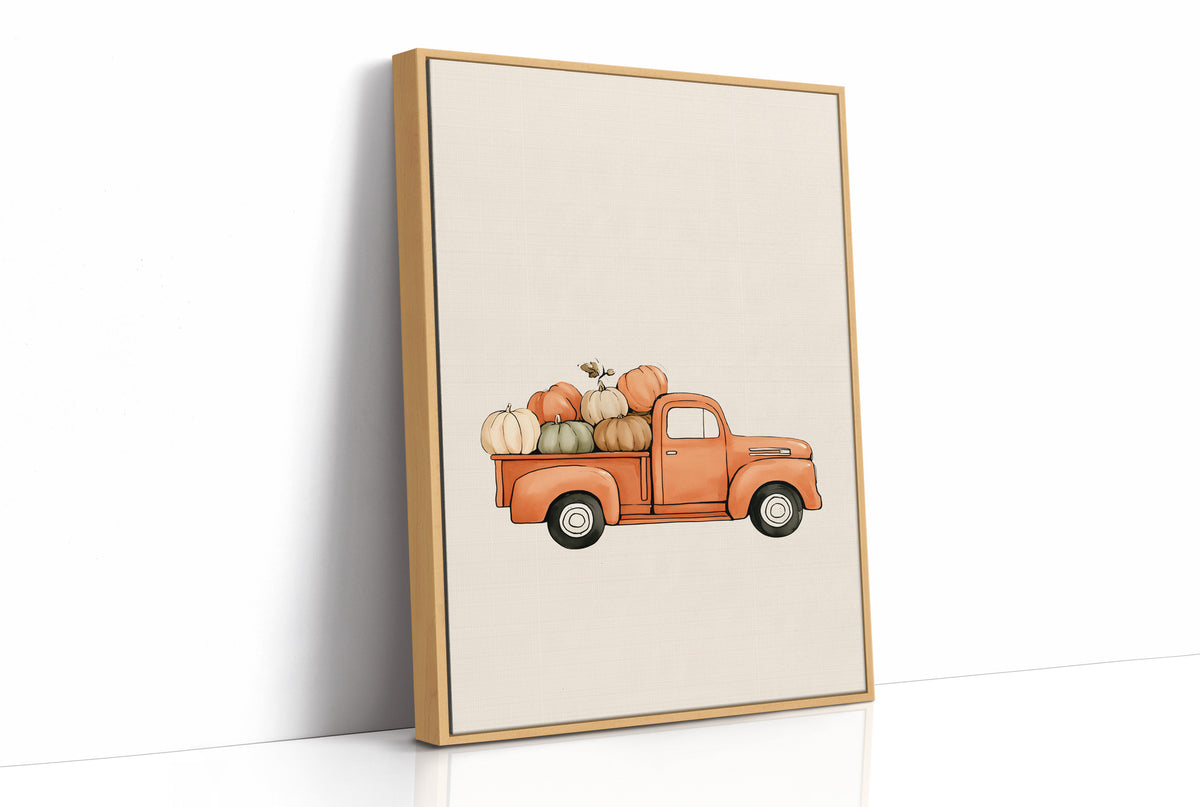Last Load Up the Orchard Road, a small orange vintage pickup truck loaded with pumpkins and gourds on a cream ground, painted in soft watercolor, as a framed canvas in a natural wood frame