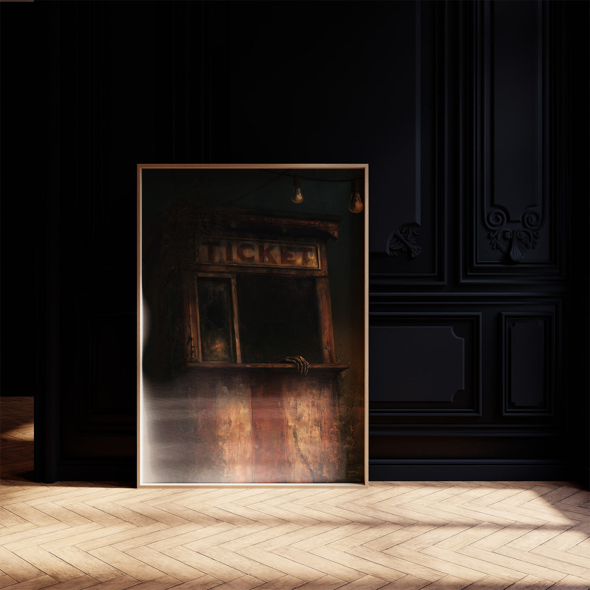 Last Tickets Before the Curtain, an old theater booth lit by hanging bulbs with a glowing sign above the window, painted in umber, dim amber and deep shadow, on a black paneled wall with sunlit herringbone floor