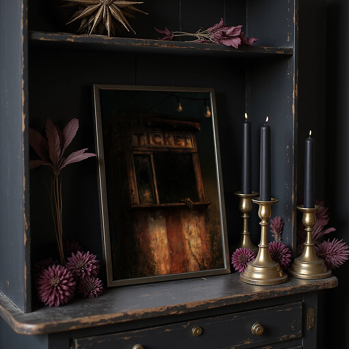 Last Tickets Before the Curtain, an old theater booth lit by hanging bulbs with a glowing sign above the window, painted in umber, dim amber and deep shadow, on a dark wooden cabinet shelf with candles and dried flowers